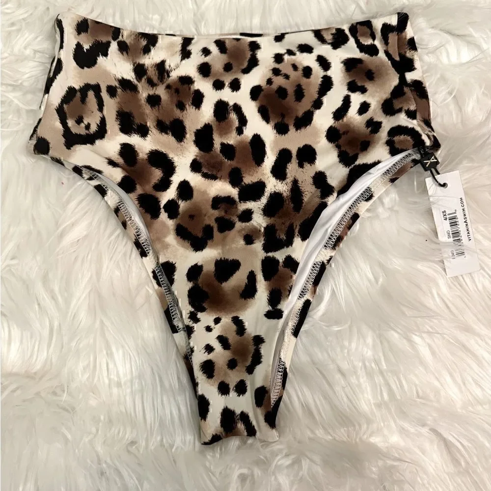 NWT Vitamin A Barcelona High Waist Full Cut Bottom in Snow Leopard Size XS